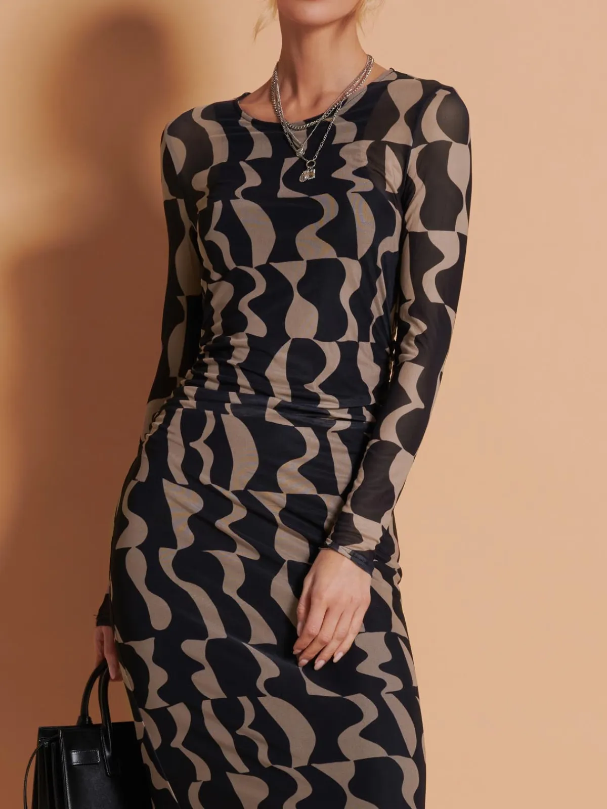 Jolie Moi Occasion Dresses|Mesh Dresses-Print Long Sleeve Mesh Bodycon Dress, Brown Pattern