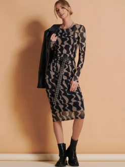 Jolie Moi Occasion Dresses|Mesh Dresses-Print Long Sleeve Mesh Bodycon Dress, Brown Pattern