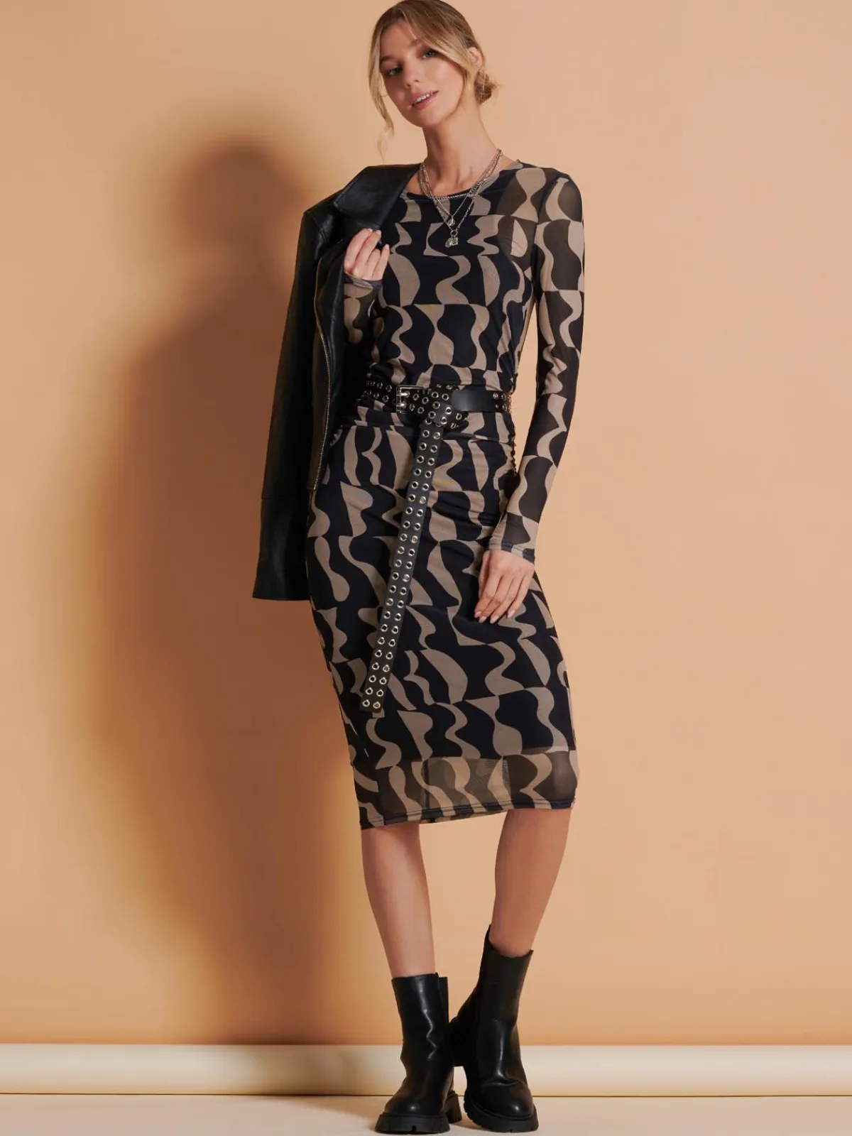 Jolie Moi Occasion Dresses|Mesh Dresses-Print Long Sleeve Mesh Bodycon Dress, Brown Pattern