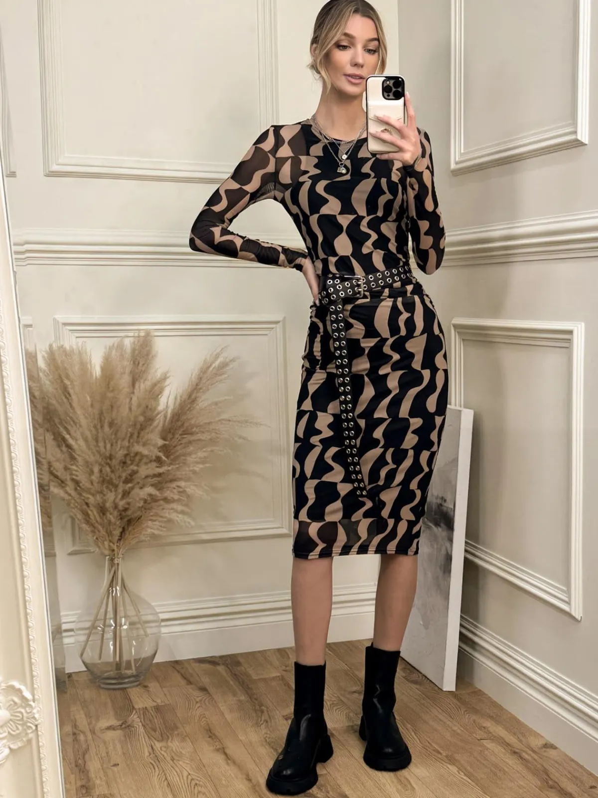 Jolie Moi Occasion Dresses|Mesh Dresses-Print Long Sleeve Mesh Bodycon Dress, Brown Pattern