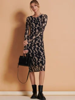Jolie Moi Occasion Dresses|Mesh Dresses-Print Long Sleeve Mesh Bodycon Dress, Brown Pattern
