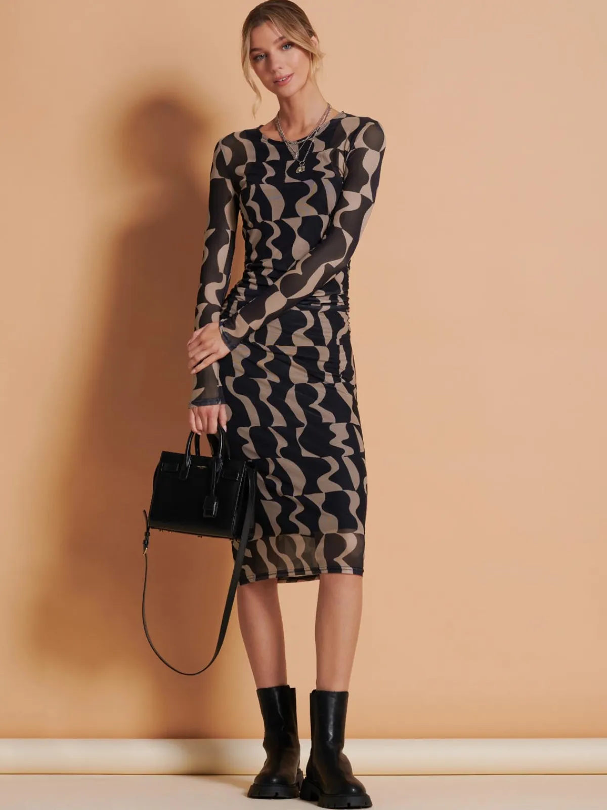 Jolie Moi Occasion Dresses|Mesh Dresses-Print Long Sleeve Mesh Bodycon Dress, Brown Pattern