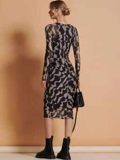 Jolie Moi Occasion Dresses|Mesh Dresses-Print Long Sleeve Mesh Bodycon Dress, Brown Pattern