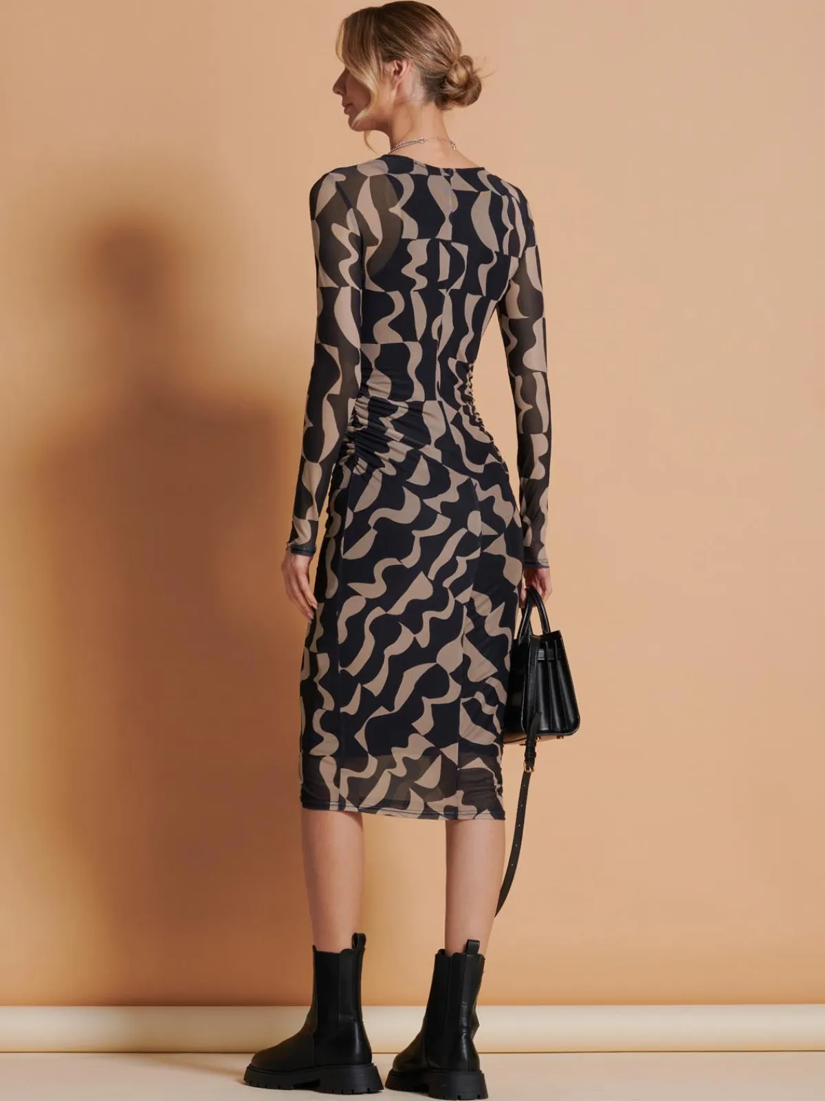 Jolie Moi Occasion Dresses|Mesh Dresses-Print Long Sleeve Mesh Bodycon Dress, Brown Pattern