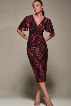 Jolie Moi Occasion Dresses|Mesh Dresses-Print Mesh Angel Sleeve Bodycon Midi Dress, Black Animal
