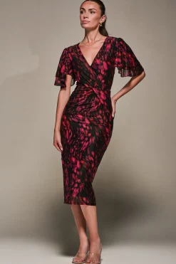 Jolie Moi Occasion Dresses|Mesh Dresses-Print Mesh Angel Sleeve Bodycon Midi Dress, Black Animal