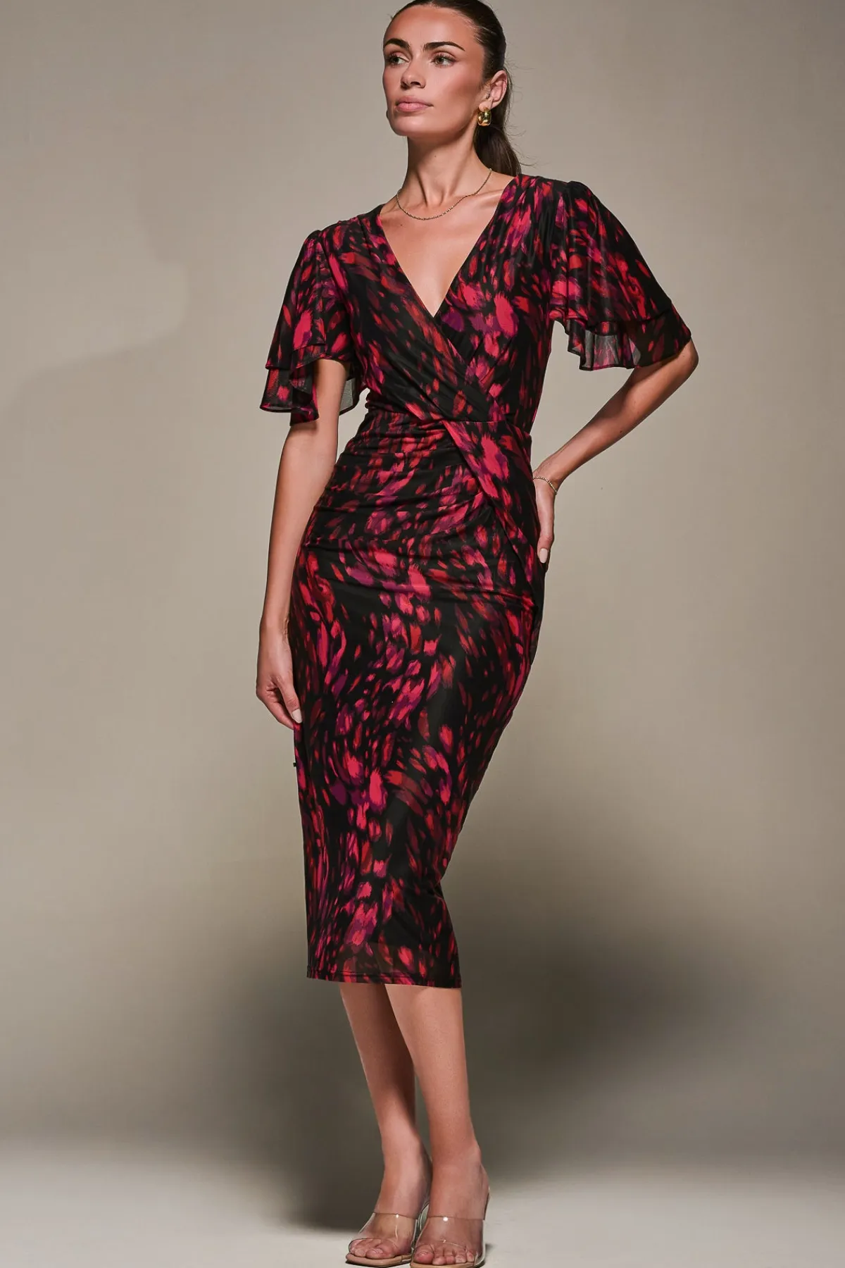 Jolie Moi Occasion Dresses|Mesh Dresses-Print Mesh Angel Sleeve Bodycon Midi Dress, Black Animal