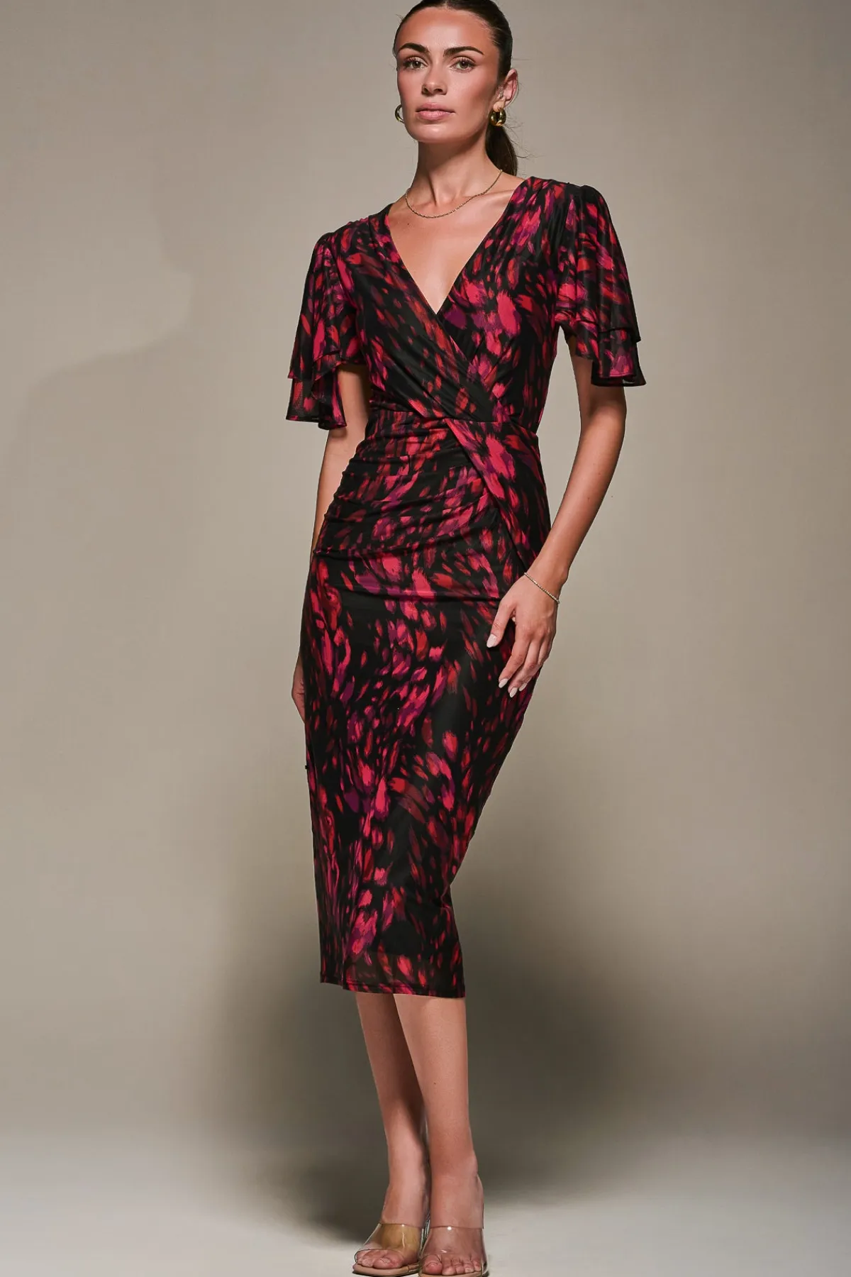 Jolie Moi Occasion Dresses|Mesh Dresses-Print Mesh Angel Sleeve Bodycon Midi Dress, Black Animal