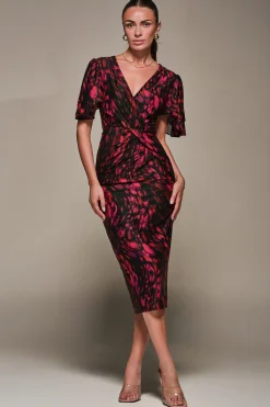 Jolie Moi Occasion Dresses|Mesh Dresses-Print Mesh Angel Sleeve Bodycon Midi Dress, Black Animal