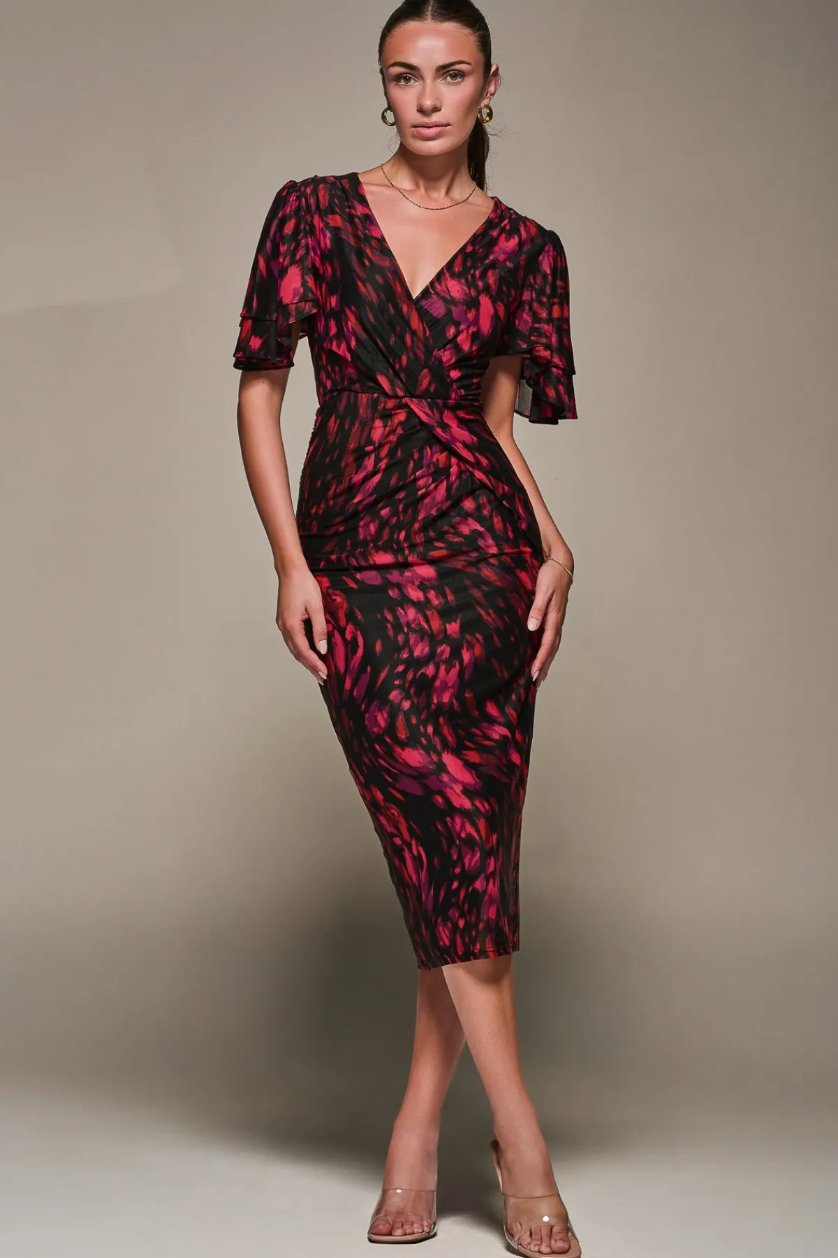 Jolie Moi Occasion Dresses|Mesh Dresses-Print Mesh Angel Sleeve Bodycon Midi Dress, Black Animal