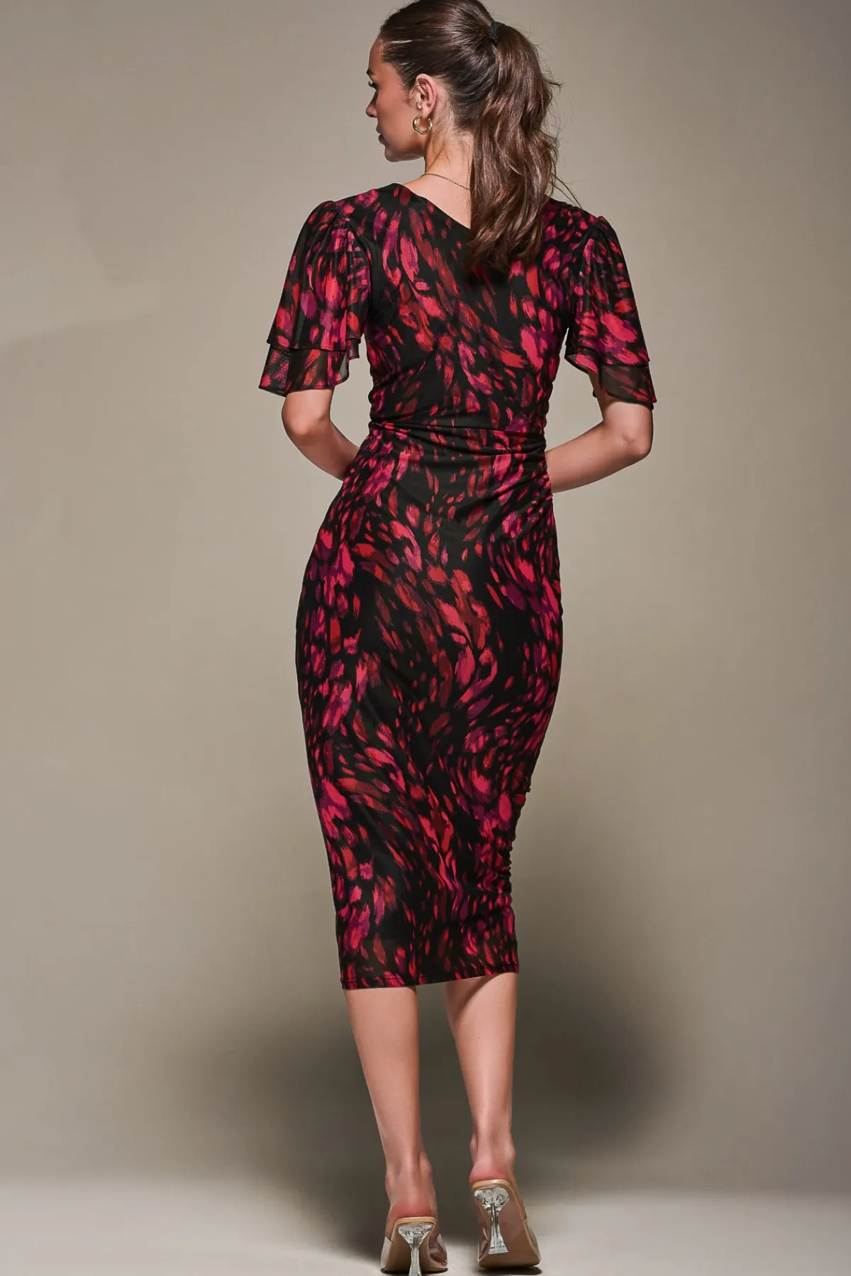 Jolie Moi Occasion Dresses|Mesh Dresses-Print Mesh Angel Sleeve Bodycon Midi Dress, Black Animal