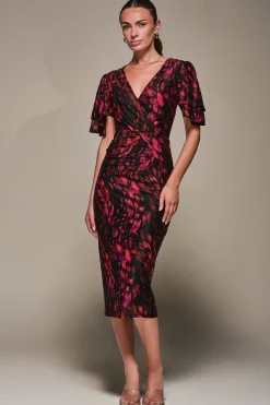 Jolie Moi Occasion Dresses|Mesh Dresses-Print Mesh Angel Sleeve Bodycon Midi Dress, Black Animal