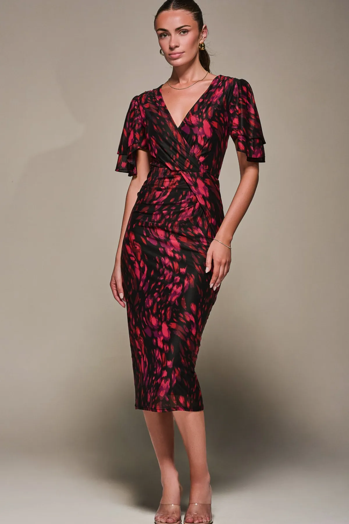 Jolie Moi Occasion Dresses|Mesh Dresses-Print Mesh Angel Sleeve Bodycon Midi Dress, Black Animal
