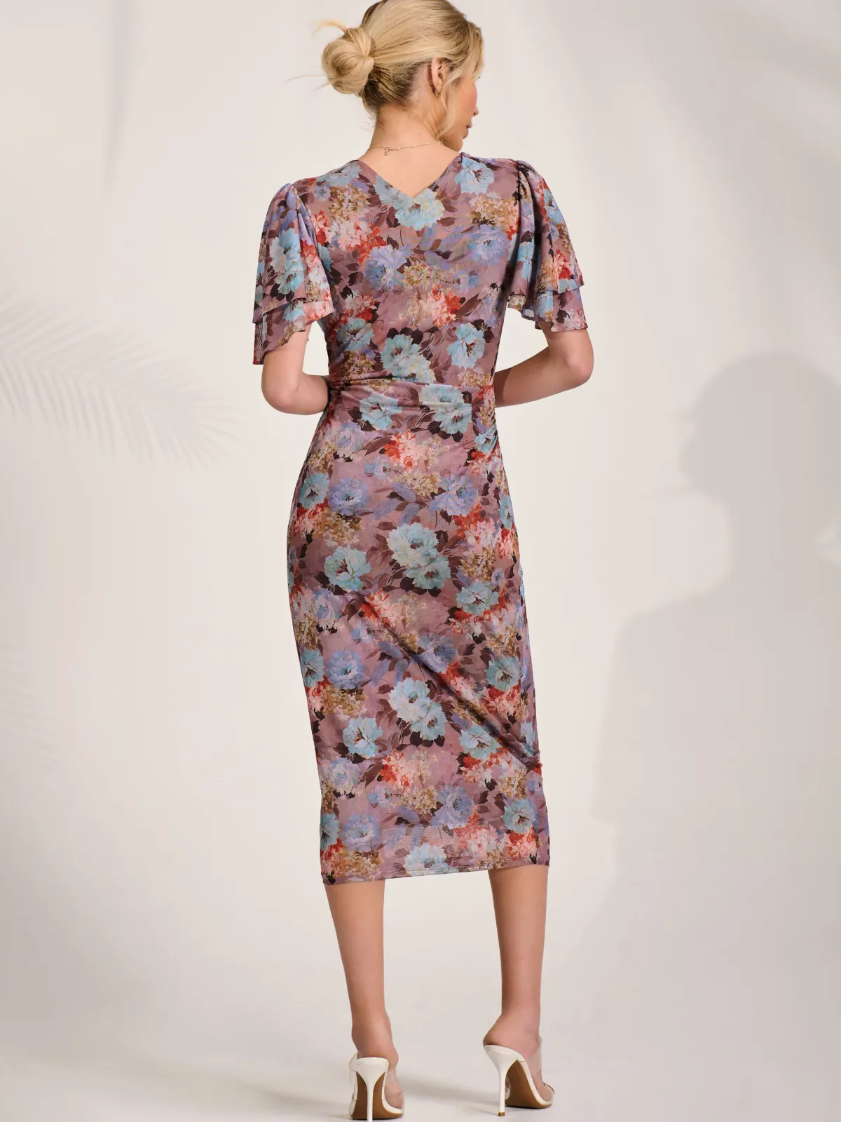 Jolie Moi Occasion Dresses|Floral Dresses-Print Mesh Angel Sleeve Bodycon Midi Dress, Blue Multi