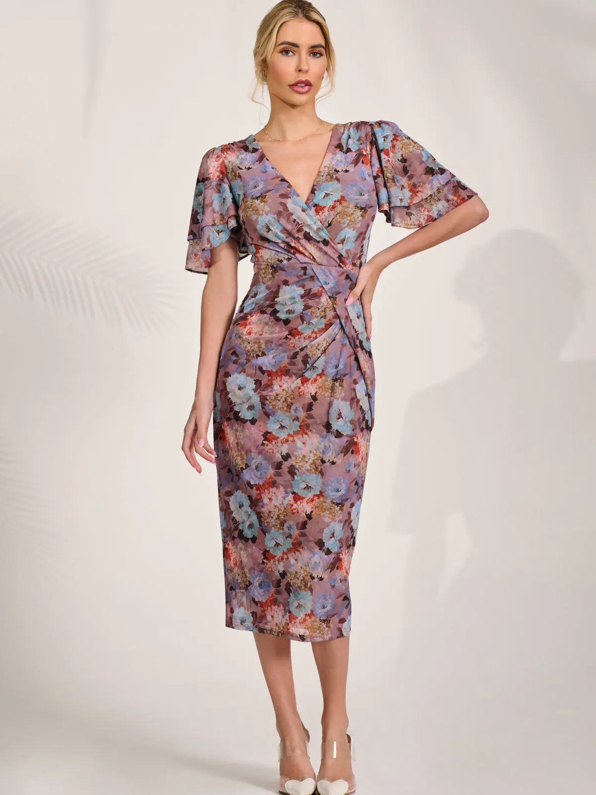 Jolie Moi Occasion Dresses|Floral Dresses-Print Mesh Angel Sleeve Bodycon Midi Dress, Blue Multi