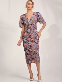 Jolie Moi Occasion Dresses|Floral Dresses-Print Mesh Angel Sleeve Bodycon Midi Dress, Blue Multi