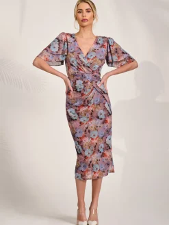 Jolie Moi Occasion Dresses|Floral Dresses-Print Mesh Angel Sleeve Bodycon Midi Dress, Blue Multi