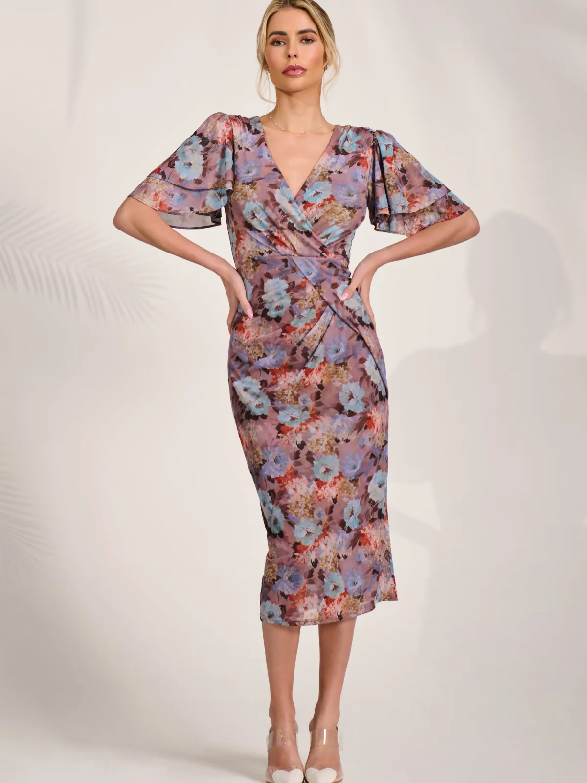 Jolie Moi Occasion Dresses|Floral Dresses-Print Mesh Angel Sleeve Bodycon Midi Dress, Blue Multi
