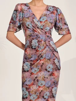 Jolie Moi Occasion Dresses|Floral Dresses-Print Mesh Angel Sleeve Bodycon Midi Dress, Blue Multi