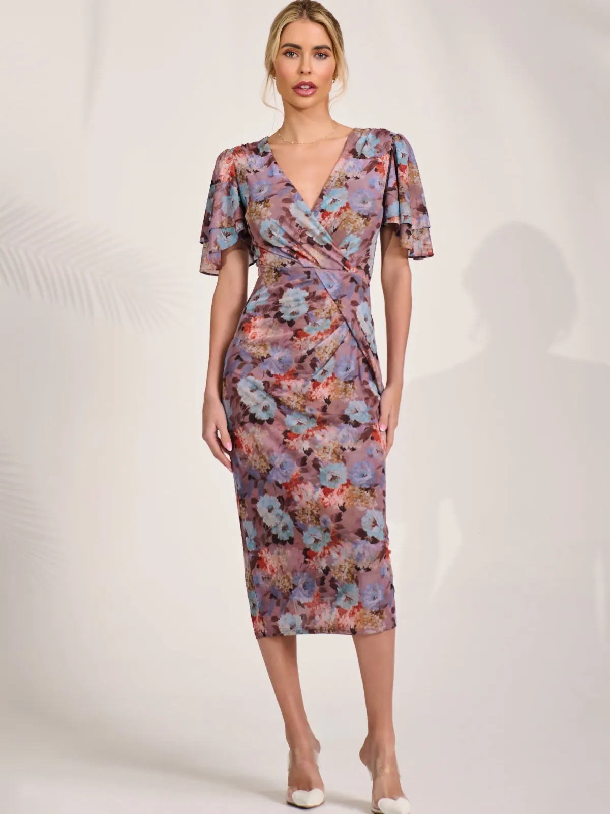Jolie Moi Occasion Dresses|Floral Dresses-Print Mesh Angel Sleeve Bodycon Midi Dress, Blue Multi