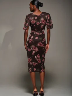 Jolie Moi Occasion Dresses|Floral Dresses-Print Mesh Angel Sleeve Bodycon Midi Dress, Burgundy Floral