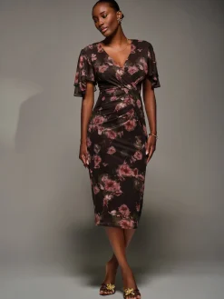 Jolie Moi Occasion Dresses|Floral Dresses-Print Mesh Angel Sleeve Bodycon Midi Dress, Burgundy Floral