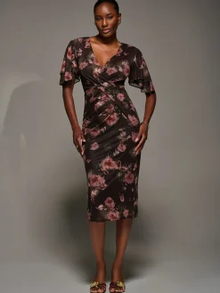 Jolie Moi Occasion Dresses|Floral Dresses-Print Mesh Angel Sleeve Bodycon Midi Dress, Burgundy Floral