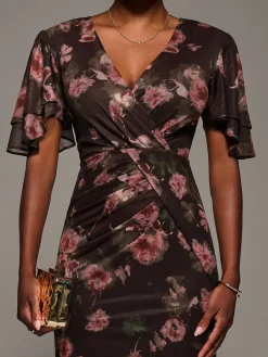 Jolie Moi Occasion Dresses|Floral Dresses-Print Mesh Angel Sleeve Bodycon Midi Dress, Burgundy Floral