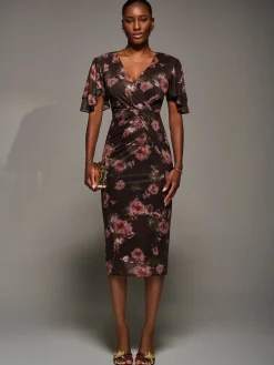 Jolie Moi Occasion Dresses|Floral Dresses-Print Mesh Angel Sleeve Bodycon Midi Dress, Burgundy Floral