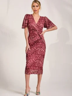 Jolie Moi Occasion Dresses|Mesh Dresses- Print Mesh Angel Sleeve Bodycon Midi Dress Pink Animal