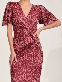 Jolie Moi Occasion Dresses|Mesh Dresses- Print Mesh Angel Sleeve Bodycon Midi Dress Pink Animal