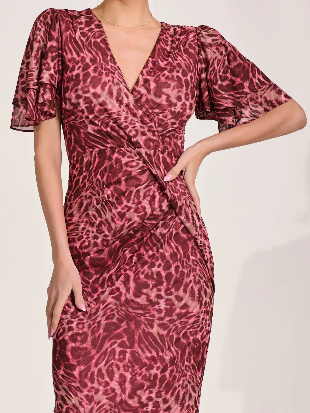 Jolie Moi Occasion Dresses|Mesh Dresses- Print Mesh Angel Sleeve Bodycon Midi Dress Pink Animal