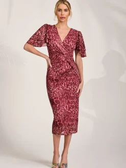 Jolie Moi Occasion Dresses|Mesh Dresses- Print Mesh Angel Sleeve Bodycon Midi Dress Pink Animal
