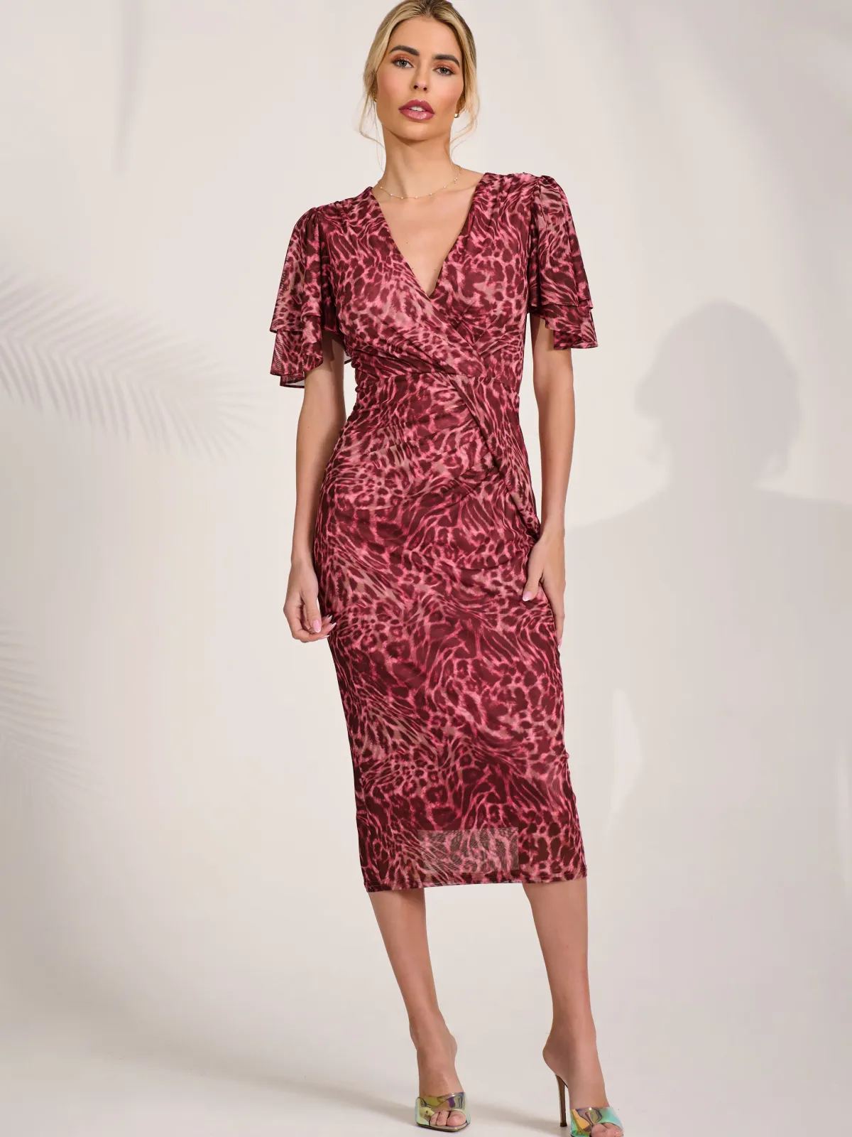 Jolie Moi Occasion Dresses|Mesh Dresses- Print Mesh Angel Sleeve Bodycon Midi Dress Pink Animal