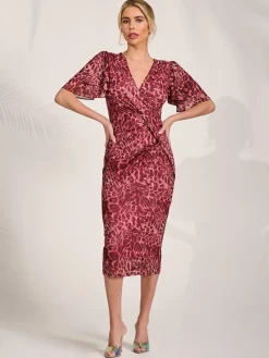 Jolie Moi Occasion Dresses|Mesh Dresses- Print Mesh Angel Sleeve Bodycon Midi Dress Pink Animal