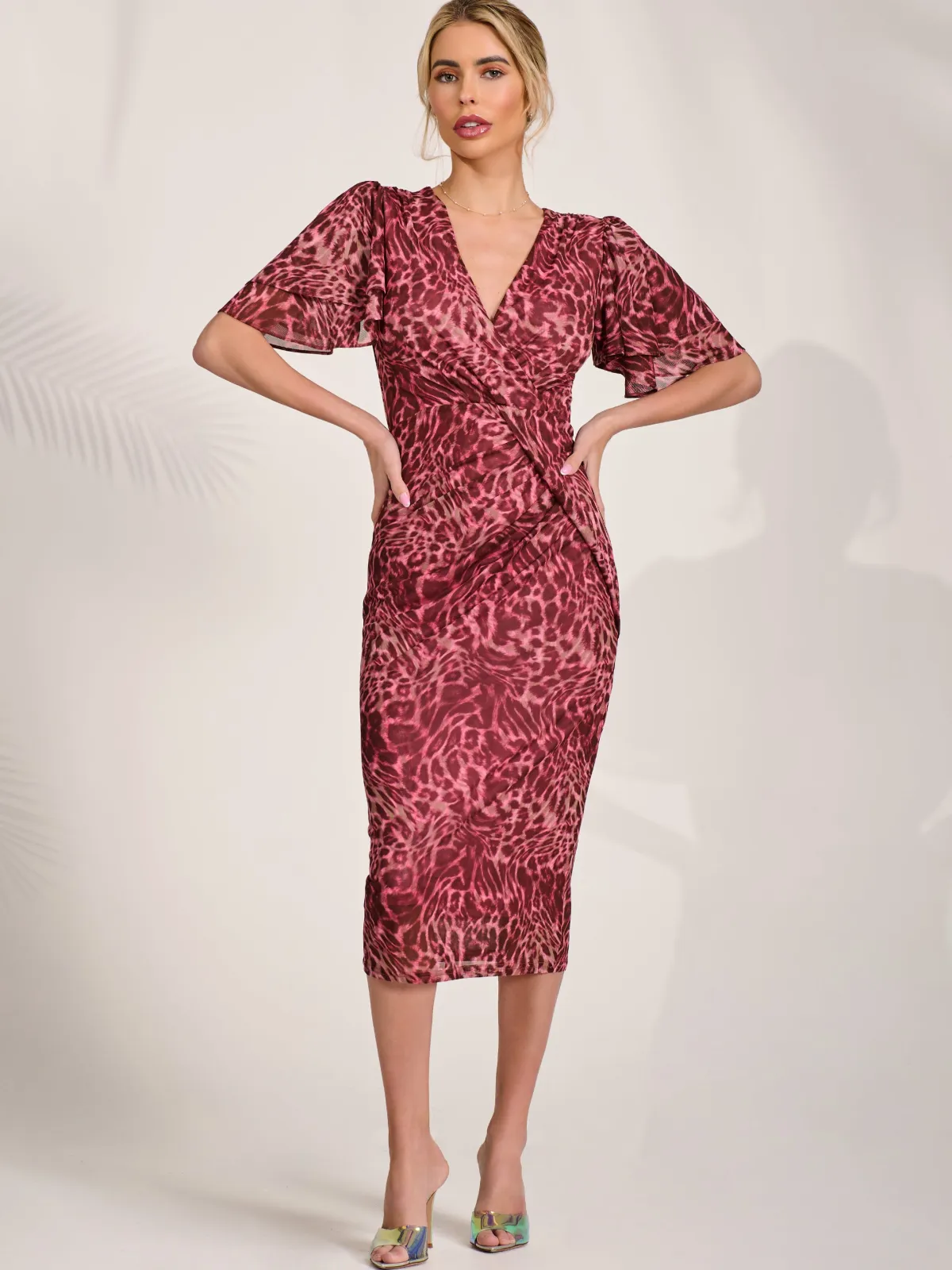 Jolie Moi Occasion Dresses|Mesh Dresses- Print Mesh Angel Sleeve Bodycon Midi Dress Pink Animal