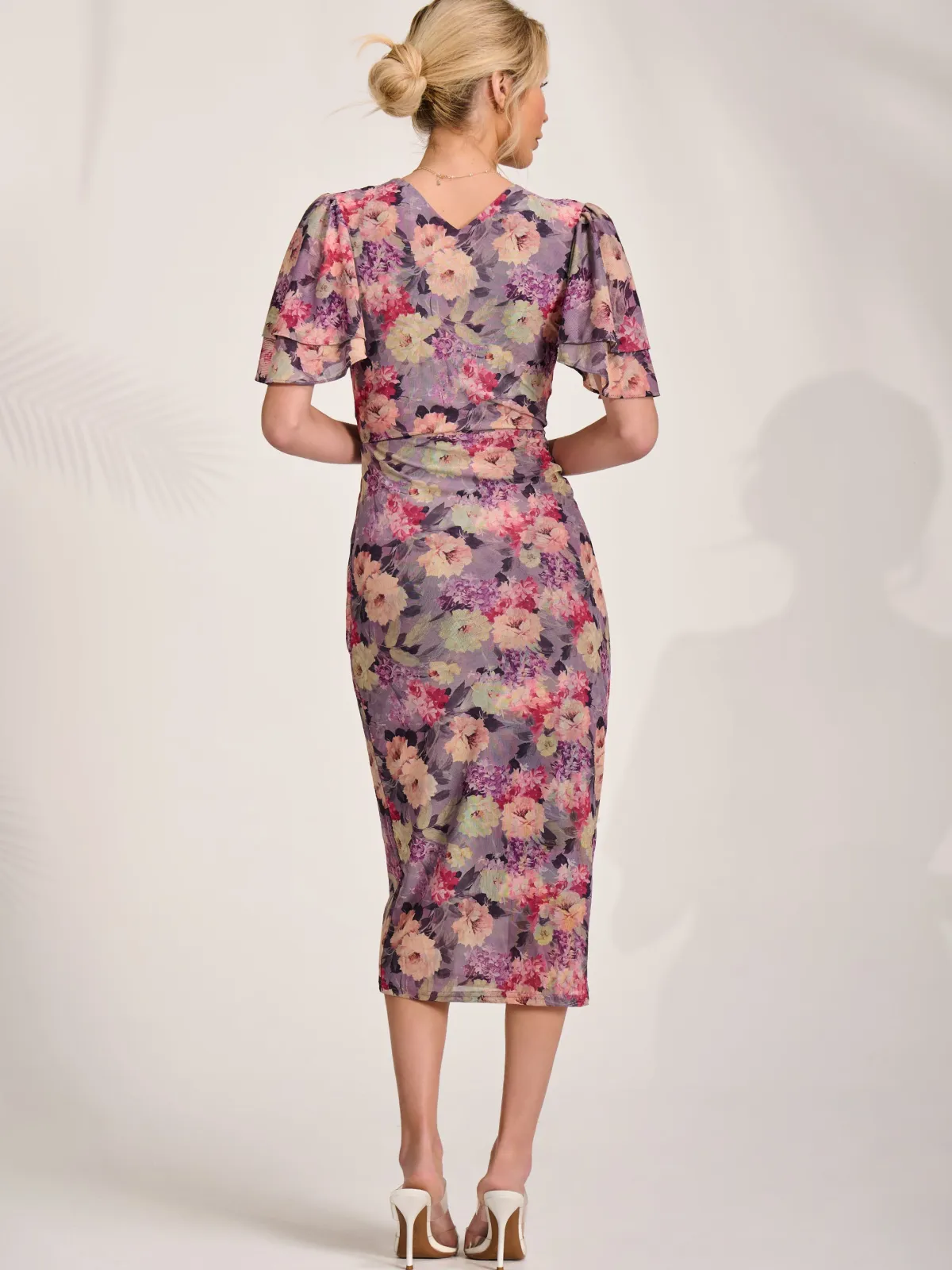 Jolie Moi Occasion Dresses|Floral Dresses-Print Mesh Angel Sleeve Bodycon Midi Dress, Purple Multi
