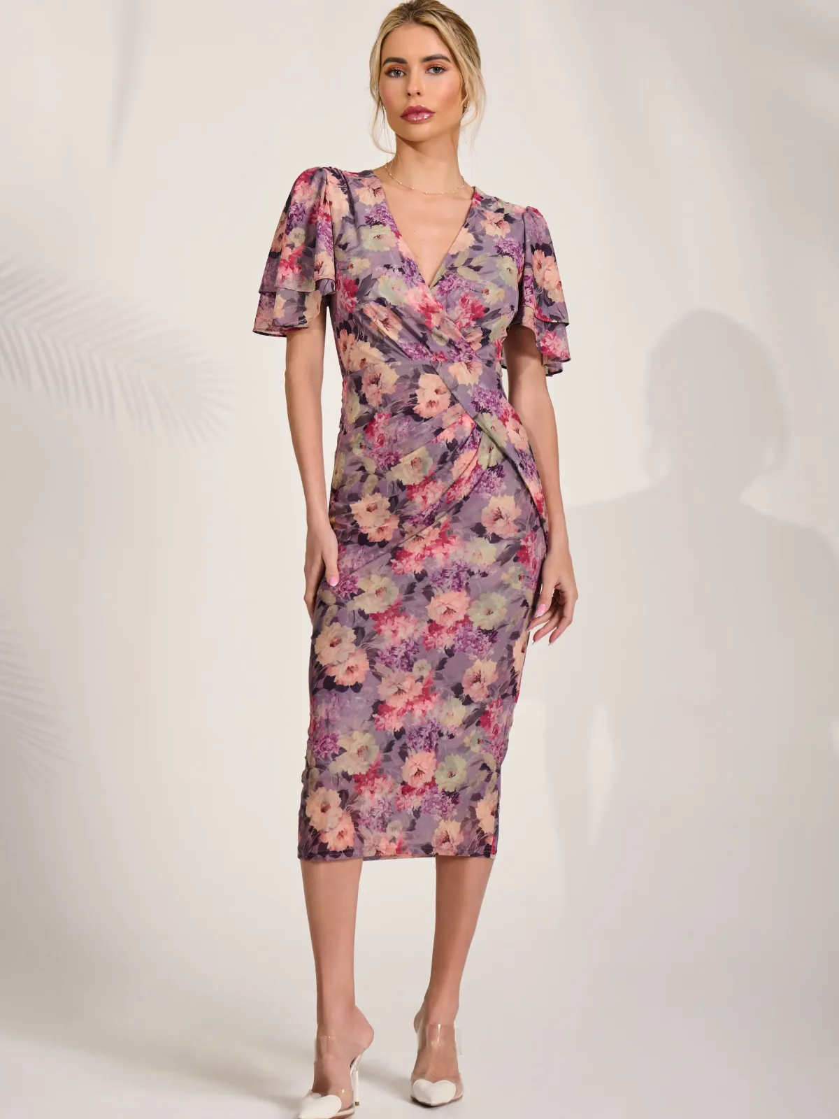 Jolie Moi Occasion Dresses|Floral Dresses-Print Mesh Angel Sleeve Bodycon Midi Dress, Purple Multi