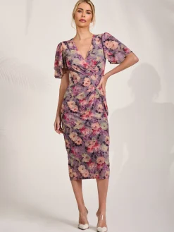 Jolie Moi Occasion Dresses|Floral Dresses-Print Mesh Angel Sleeve Bodycon Midi Dress, Purple Multi