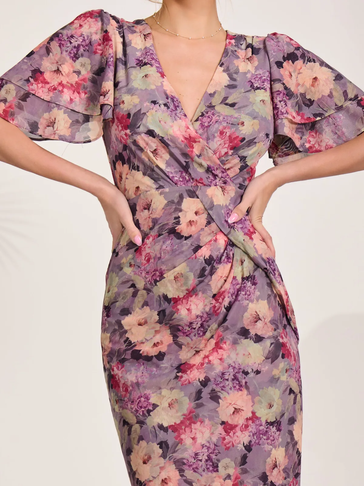 Jolie Moi Occasion Dresses|Floral Dresses-Print Mesh Angel Sleeve Bodycon Midi Dress, Purple Multi