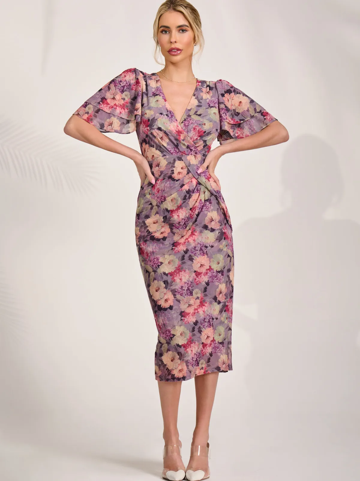 Jolie Moi Occasion Dresses|Floral Dresses-Print Mesh Angel Sleeve Bodycon Midi Dress, Purple Multi
