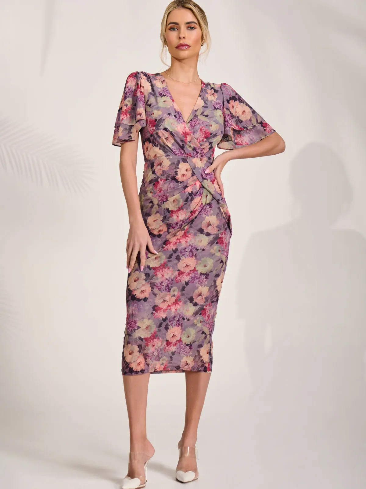 Jolie Moi Occasion Dresses|Floral Dresses-Print Mesh Angel Sleeve Bodycon Midi Dress, Purple Multi