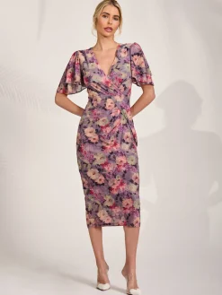 Jolie Moi Occasion Dresses|Floral Dresses-Print Mesh Angel Sleeve Bodycon Midi Dress, Purple Multi
