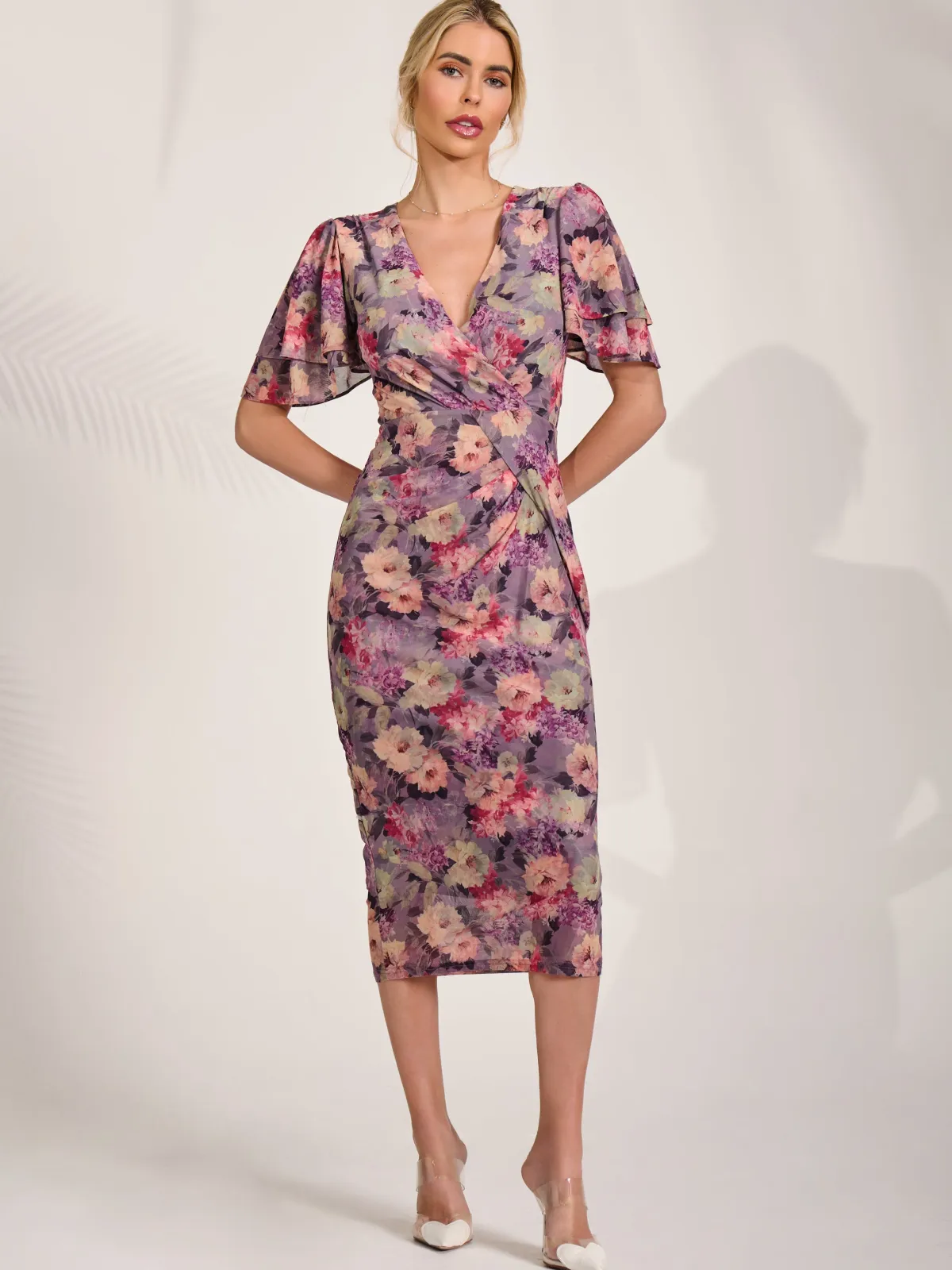 Jolie Moi Occasion Dresses|Floral Dresses-Print Mesh Angel Sleeve Bodycon Midi Dress, Purple Multi
