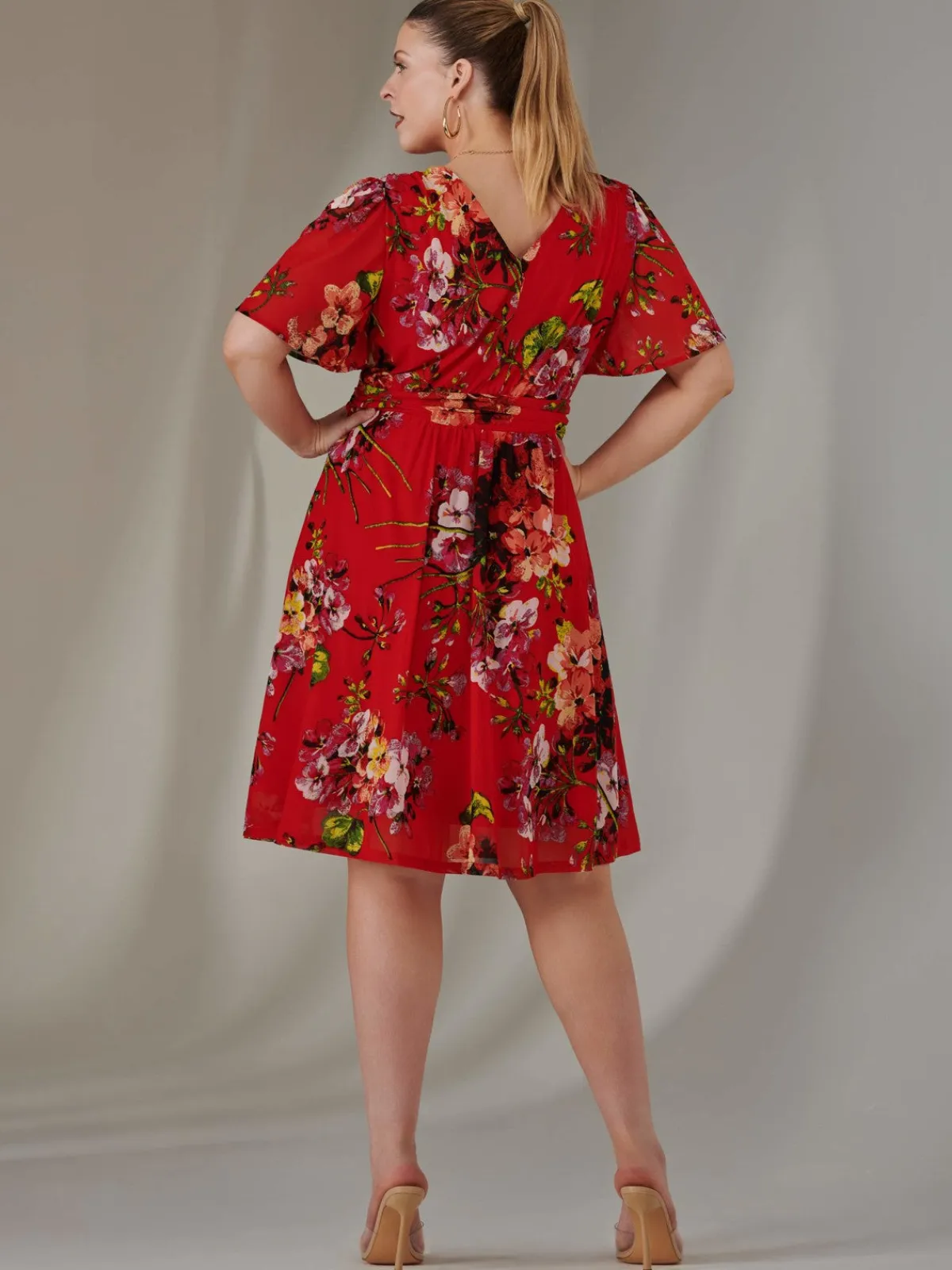 Jolie Moi Mesh Dresses|Weekend Casuals-Print Mesh Flare Dress, Red Floral