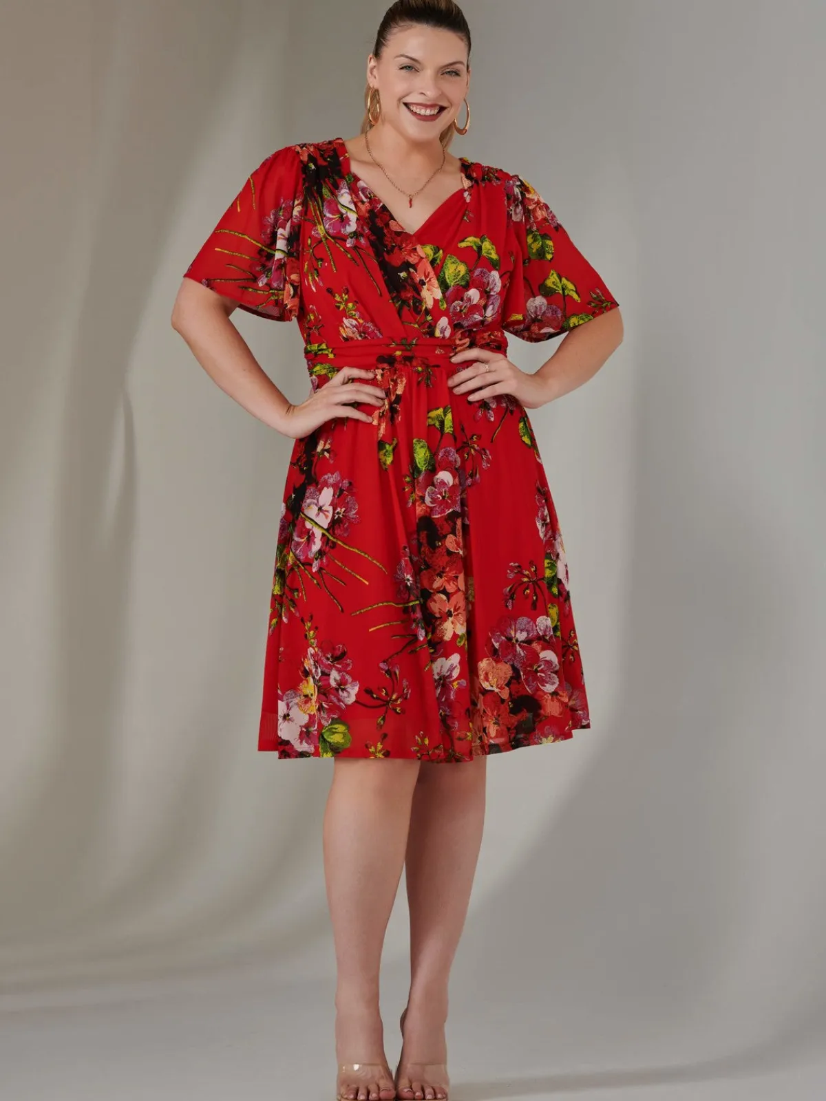 Jolie Moi Mesh Dresses|Weekend Casuals-Print Mesh Flare Dress, Red Floral