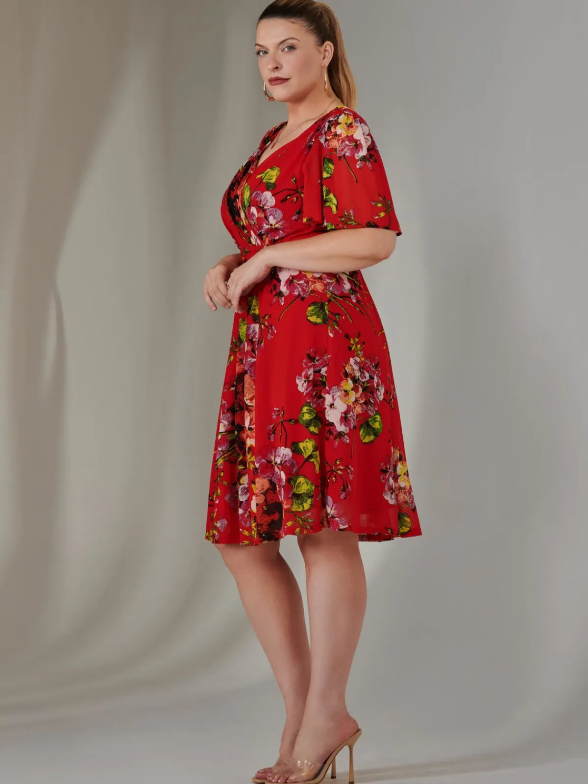 Jolie Moi Mesh Dresses|Weekend Casuals-Print Mesh Flare Dress, Red Floral