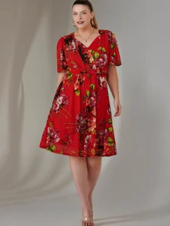 Jolie Moi Mesh Dresses|Weekend Casuals-Print Mesh Flare Dress, Red Floral