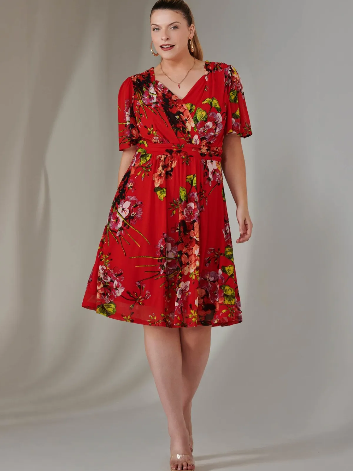 Jolie Moi Mesh Dresses|Weekend Casuals-Print Mesh Flare Dress, Red Floral
