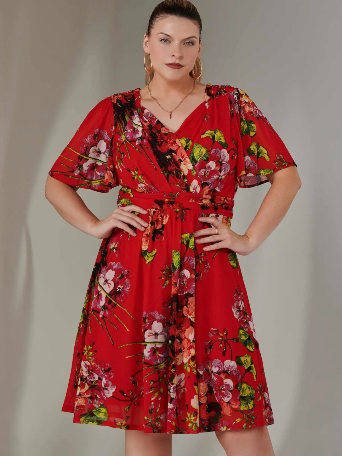 Jolie Moi Mesh Dresses|Weekend Casuals-Print Mesh Flare Dress, Red Floral